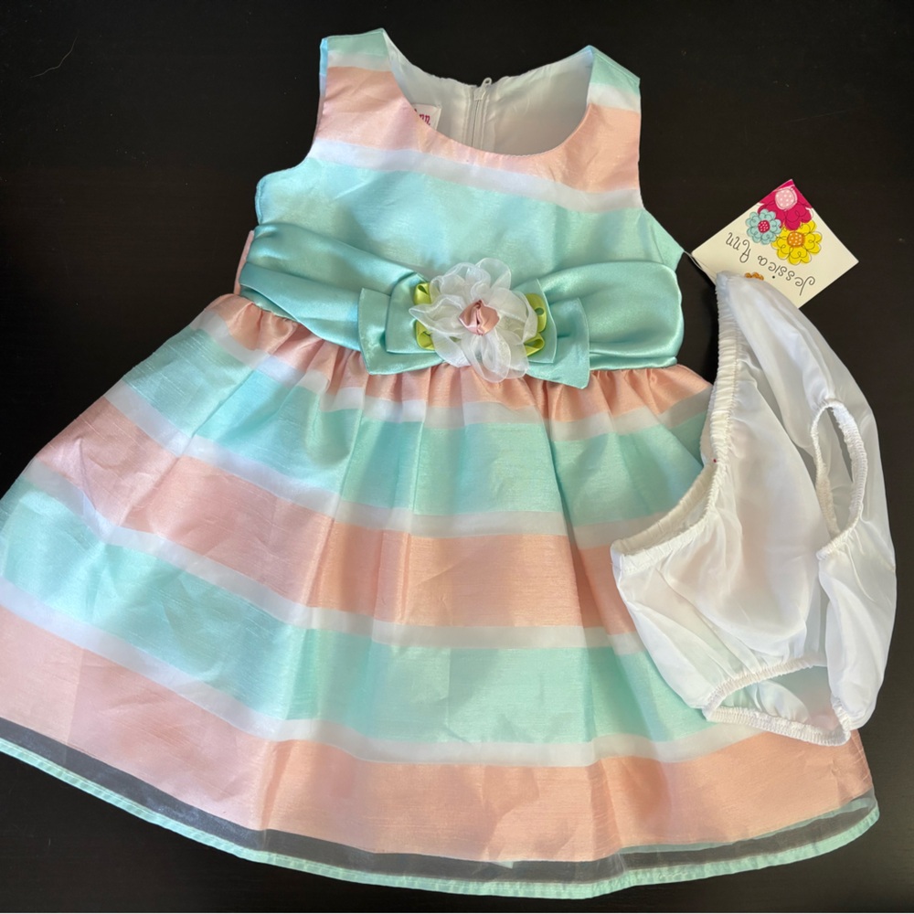 Jessica Ann Mint and Peach Striped Dress with Flower Accent